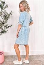 Load image into Gallery viewer, Medium Grey Mineral Wash Ruffled Short Sleeve Buttoned Denim Dress