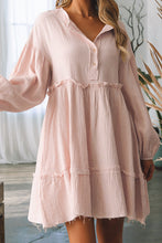 Load image into Gallery viewer, Oatmeal Crinkle Distressed Puff Sleeve Flared Dress