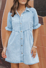 Load image into Gallery viewer, Medium Grey Mineral Wash Ruffled Short Sleeve Buttoned Denim Dress