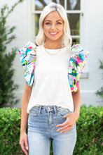 Cargar imagen en el visor de la galería, White Voluminous Printed Puff Sleeve Textured Top