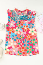 Load image into Gallery viewer, Pink Embroidered Detail Floral Print Ruffle Trim Tank Top