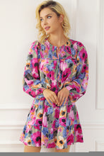 Load image into Gallery viewer, Multicolour Floral Tie Neck Bubble Sleeve Shift Dress