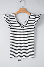 Load image into Gallery viewer, Pink Stripe Butterfly Sleeve V Neck Hollowed Knot Back T Shirt