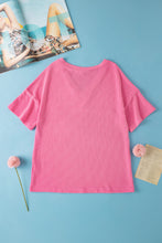 Load image into Gallery viewer, Rose Red Color Block Patch Pocket Corded V Neck Tee