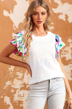 Cargar imagen en el visor de la galería, White Voluminous Printed Puff Sleeve Textured Top