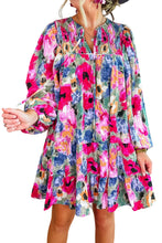 Load image into Gallery viewer, Multicolour Floral Tie Neck Bubble Sleeve Shift Dress