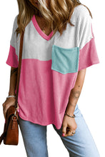 Load image into Gallery viewer, Rose Red Color Block Patch Pocket Corded V Neck Tee