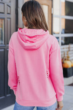 Load image into Gallery viewer, Pink Solid Ripped Hooded Sweatshirt with Kangaroo Pocket