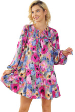 Load image into Gallery viewer, Multicolour Floral Tie Neck Bubble Sleeve Shift Dress