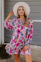 Load image into Gallery viewer, Multicolour Floral Tie Neck Bubble Sleeve Shift Dress