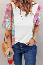 Cargar imagen en el visor de la galería, White Floral Print Patchwork Short Sleeve Top