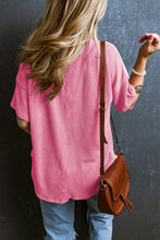 Load image into Gallery viewer, Rose Red Color Block Patch Pocket Corded V Neck Tee