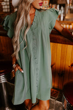 Cargar imagen en el visor de la galería, Mist Green Ruffle Sleeve V Neck Frilled Shift Dress