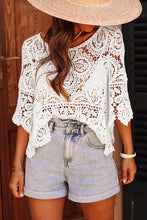 Cargar imagen en el visor de la galería, Oatmeal Bohemian Macrame Lace Crochet Half Sleeve Blouse
