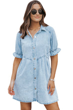 Load image into Gallery viewer, Medium Grey Mineral Wash Ruffled Short Sleeve Buttoned Denim Dress
