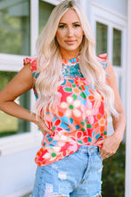 Load image into Gallery viewer, Pink Embroidered Detail Floral Print Ruffle Trim Tank Top