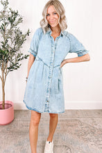 Load image into Gallery viewer, Medium Grey Mineral Wash Ruffled Short Sleeve Buttoned Denim Dress