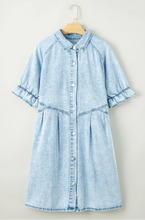 Load image into Gallery viewer, Beau Blue Mineral Wash Ruffled Short Sleeve Buttoned Denim, 6 PACKS
