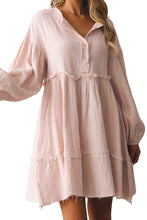Load image into Gallery viewer, Oatmeal Crinkle Distressed Puff Sleeve Flared Dress