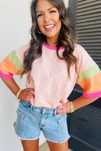 Load image into Gallery viewer, Pink Color Block Stitching Sleeve Round Neck Oversize Top