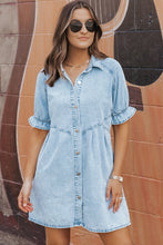 Load image into Gallery viewer, Medium Grey Mineral Wash Ruffled Short Sleeve Buttoned Denim Dress