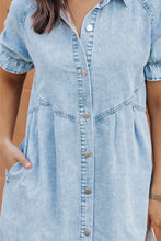 Load image into Gallery viewer, Medium Grey Mineral Wash Ruffled Short Sleeve Buttoned Denim Dress