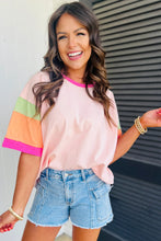 Load image into Gallery viewer, Pink Color Block Stitching Sleeve Round Neck Oversize Top