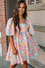 Load image into Gallery viewer, Pink Summer Floral Square Neck Puff Sleeve Babydoll Dress, 6 PACKS
