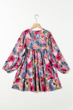 Load image into Gallery viewer, Multicolour Floral Tie Neck Bubble Sleeve Shift Dress