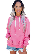 Load image into Gallery viewer, Pink Solid Ripped Hooded Sweatshirt with Kangaroo Pocket