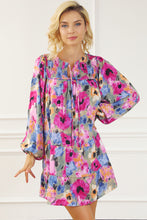 Load image into Gallery viewer, Multicolour Floral Tie Neck Bubble Sleeve Shift Dress