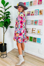 Load image into Gallery viewer, Multicolour Floral Tie Neck Bubble Sleeve Shift Dress