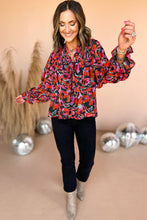 Load image into Gallery viewer, Red Dahlia Abstract Floral Shirred Detail Puff Sleeve Blouse