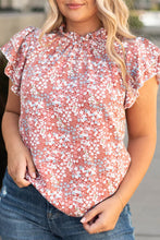Load image into Gallery viewer, Pink Plus Size Floral Print Ruffled Sleeve Frilled Neck Blouse