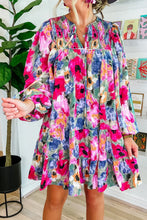 Load image into Gallery viewer, Multicolour Floral Tie Neck Bubble Sleeve Shift Dress