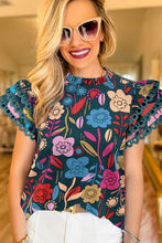 Cargar imagen en el visor de la galería, Green Trimmed Ruffle Sleeve Summer Floral Blouse