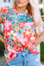 Load image into Gallery viewer, Pink Embroidered Detail Floral Print Ruffle Trim Tank Top