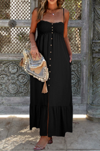 Load image into Gallery viewer, Black Spaghetti Straps Smocked Front Slit Buttoned Dress, 6 PACKS
