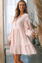 Load image into Gallery viewer, Oatmeal Crinkle Distressed Puff Sleeve Flared Dress