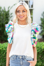 Cargar imagen en el visor de la galería, White Voluminous Printed Puff Sleeve Textured Top