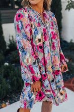 Load image into Gallery viewer, Multicolour Floral Tie Neck Bubble Sleeve Shift Dress