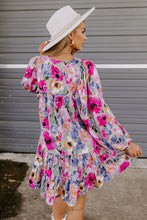 Load image into Gallery viewer, Multicolour Floral Tie Neck Bubble Sleeve Shift Dress