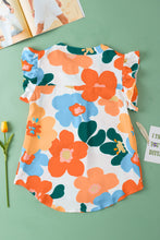 Load image into Gallery viewer, Orange Floral Notched V Neck Ruffled Sleeve Blouse