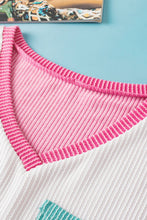 Load image into Gallery viewer, Rose Red Color Block Patch Pocket Corded V Neck Tee