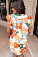 Load image into Gallery viewer, Orange Floral Notched V Neck Ruffled Sleeve Blouse