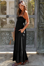 Load image into Gallery viewer, Black Spaghetti Straps Smocked Front Slit Buttoned Dress, 6 PACKS
