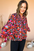 Load image into Gallery viewer, Red Dahlia Abstract Floral Shirred Detail Puff Sleeve Blouse