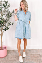 Load image into Gallery viewer, Medium Grey Mineral Wash Ruffled Short Sleeve Buttoned Denim Dress