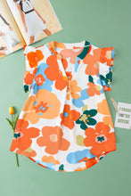 Load image into Gallery viewer, Orange Floral Notched V Neck Ruffled Sleeve Blouse