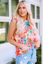 Load image into Gallery viewer, Pink Embroidered Detail Floral Print Ruffle Trim Tank Top